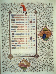 Page du manuscrit « Les Très Riches Heures du Duc François de Guise » enluminé par le Maître de Boucicaut : représentation des signes du zodiaque et scènes de la vie quotidienne : le sagittaire et un éleveur de bétail. 15ème siècle. Musée Condé, Chantilly