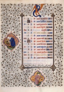 Page du manuscrit « Les Très Riches Heures du Duc François de Guise » enluminé par le Maître de Boucicaut : représentation des signes du zodiaque et des travaux agricoles : balance et moisson. 15ème siècle. Musée Condé, Chantilly