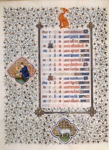 Page du manuscrit « Les Très Riches Heures du Duc François de Guise » enluminé par le Maître de Boucicaut : représentation des signes du zodiaque et scènes de la vie quotidienne : le bélier et un homme fauchant de l