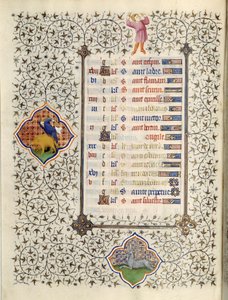 Page du manuscrit « Les Très Riches Heures du Duc François de Guise » enluminé par le Maître de Boucicaut : représentation des signes du zodiaque et scènes de la vie quotidienne : le capricorne et la chasse au sanglier. 15e siècle. Musée Condé, Chantilly