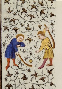 Le jeu de palet sur une page (détail) du manuscrit « Les Très Riches Heures du Duc François de Guise » enluminé par le Maître de Boucicaut. 15ème siècle. Musée Condé, Chantilly