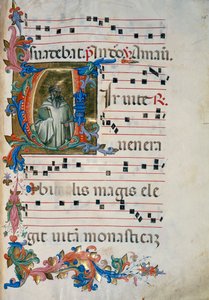 Initiale enluminée avec la figure de San Romualdo (Corale 8, c. 76), pour le livre de chœur 8 de Santa Maria degli Angeli