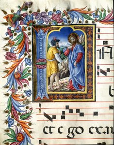 Lettrine décorée représentant la tentation du Christ. Miniature par Liberale da Verona (1445-1529) d