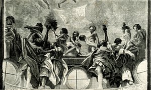 Assomption de la Vierge, détail de la fresque de Corrège, dôme de la cathédrale de Parme, Émilie-Romagne, Italie, gravure sur bois de Le cento città d