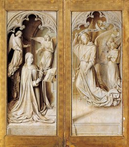 Annonciation en grisaille, ailes extérieures du triptyque retable (vers 1489-1502) par le Maître de Moulins, dans la cathédrale Notre-Dame, Moulins, France - (fl.c.1483 c.1529) Master of Moulins