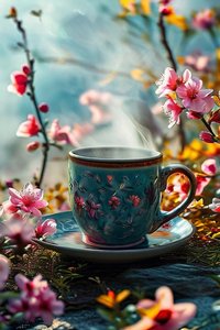 Une tasse de café surréaliste bordée de fleurs pour décoration murale moderne - F. Abderrahim