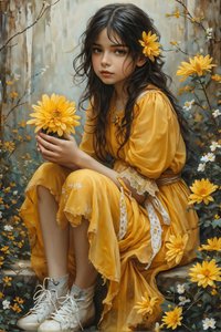 Belle fille innocente tenant des fleurs dans un paysage de nature et de beauté - F. Abderrahim