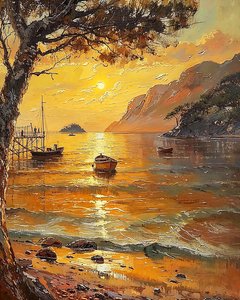 Plage et bateaux, coucher de soleil le soir