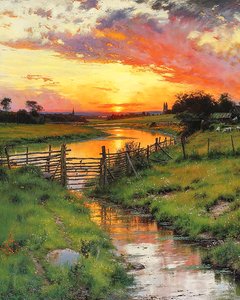 Coucher de soleil sur un ruisseau sinueux à la campagne