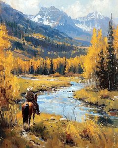 Chevalier à cheval dans un paysage avec des collines luxuriantes