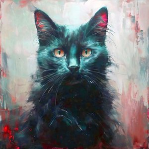 Impression sur toile : un chat noir aux yeux jaunes assis pour la décoration murale - F. Abderrahim