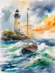 Un phare, des vagues et un bateau dans les vagues de la mer Peinture, décoration murale moderne