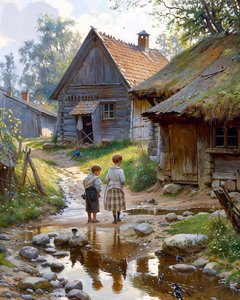 Vie rurale quotidienne. Rue du village, enfants devant une cabane en bois