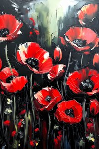 peinture au couteau, coquelicots rouges vifs appliqués en couches épaisses, art mural en ligne
