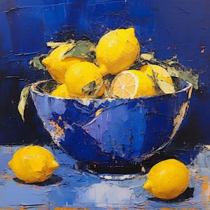 Un vase en céramique bleue avec du citron dans la cuisine, Décor mural encadré - F. Abderrahim