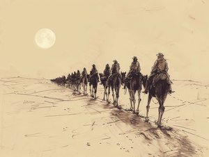 Desert Sun Procession Minimalist Single-Line Sketch, Wall Decor for sale - F. Abderrahim