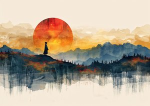 Geisha debout, paysage minimaliste et coucher de soleil, Décoration murale moderne | impression sur demande