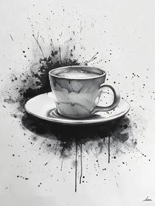Scène noire minimaliste en ligne unique avec des taches de café, tirages d