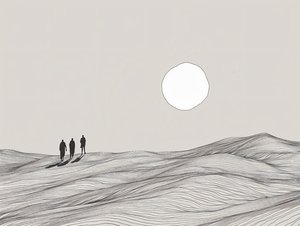 Esquisse minimaliste, hommes marchant dans une procession au soleil du désert, tirages d