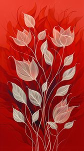 Plantes et fleurs dessinées en blanc sur fond rouge, décoration murale et impressions sur toile