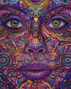 Femme psychédélique au visage coloré, motifs spirituels et mandalas, reproductions sur toile - F. Abderrahim