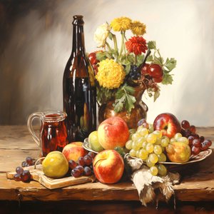 Nature morte, fleurs, fruits et vin, décoration intérieure murale - F. Abderrahim