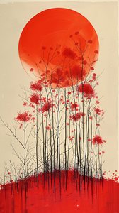 Tableau Coucher de soleil sur une colline de fleurs rouges, Décoration murale verticale à vendre - F. Abderrahim