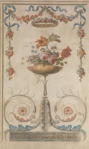 Vase de fleurs reposant sur des volutes feuillagées