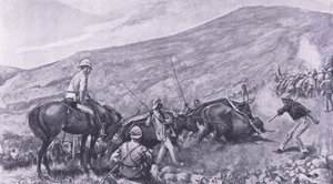 Difficultés de transport à Barberton : Comment les canons et les chariots ont été montés sur les montagnes, illustration de Après Pretoria : La guerre de guérilla, 1902 - A. C. Ball