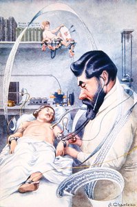 Professeur Camille Lian (1882-1969) examinant un patient avec tout son équipement, de 