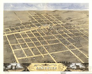 Vue aérienne de la ville de Sandwich, comté de De Kalb, Illinois 1869. LOC 73693372 - A.; Chicago Lithographing Co. Ruger