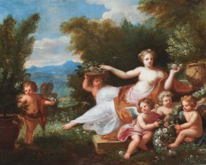 Flore allongée dans un paysage avec des putti apportant des fleurs. (huile sur toile) - A. Diennen