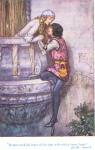 Roméo prit congé de sa chère épouse avec un cœur lourd (Roméo et Juliette), de Contes de Shakespeare pub. par Ward Lock & Co Ltd