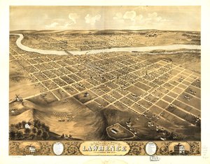 Vue aérienne de la ville de Lawrence, Kansas 1869. LOC 73693409