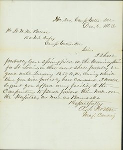 Lettre signée A.S. Norton, Major Commandant, Quartier Général, Camp Yates, Ill., au 1er Lieutenant W.M. Breese, 16e Infanterie U.S., Camp Gates, Ill., 6 décembre 1863 - A. S. Norton