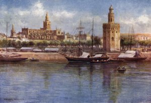 Séville, La Torre del Oro et la Cathédrale (lithographie en couleur)