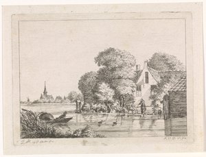 Pêcheur et une femme devant une maison