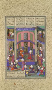Manuchihr accueille Sam mais ordonne la guerre contre Mihrab, Folio 80v du Shahnama, vers 1525