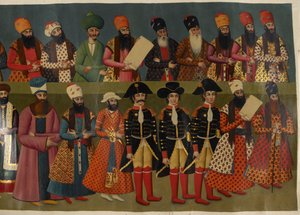 Add Or. 1241 La Cour de Fath Ali Shah avec les envoyés britanniques Sir John Malcolm, Sir Harford Jones Brydges, et Sir Gore Ouseley. Image partielle de la fresque du Palais Nigaristan