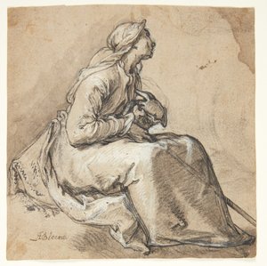 Une femme assise tournée vers la droite, en position humble de prière