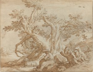 Paysage avec figure assise et chien
