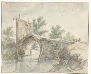 Pont en pierre avec une barrière en bois - Abraham Bloemaert