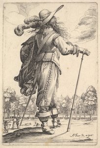Un gentleman, vu de dos, marchant vers la droite avec une canne et portant un chapeau à plumes - Abraham Bosse