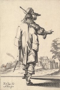 Un gentleman, vu de dos, avec son bras droit tendu et un manteau sur son épaule gauche, 1629