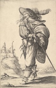 Un gentleman, marchant vers la gauche et tirant son épée du fourreau, portant un chapeau à plumes, 1629