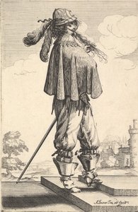 Un gentleman portant un manteau court, un casque et des bottes avec éperons, debout sur les marches et..., 1629 - Abraham Bosse