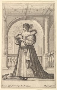 Une femme debout, de profil vers la gauche, portant un chapeau et un col en dentelle, lisant..., vers 1629 - Abraham Bosse