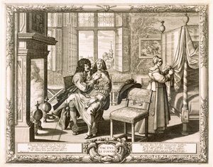 Mari avec femme assise sur les genoux près de la cheminée, Bosse, Abraham