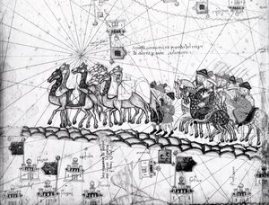 Ms Esp 20 panneau 4, Marchands voyageant vers Cathay, Chine, suivant les traces de Marco Polo, détail montrant la famille de Marco Polo voyageant en caravane de chameaux, de l