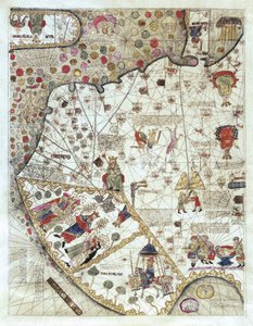Carte de la Chine (Cathay), avec des descriptions de petites scènes, délimitation des royaumes avec leur souverain représenté à chaque fois